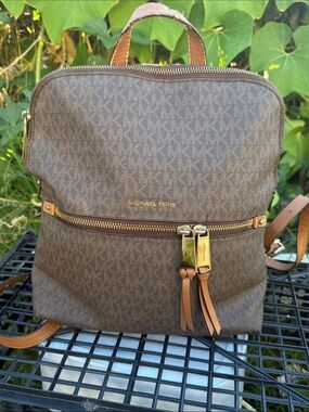 Michael Kors Brown Tan MK Logo Backpack with Gold Hardware